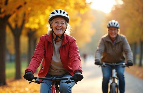 Joyful senior woman, man cycle bikes together outdoors on autumn park path. Smiles brightly, laughs happily, wearing white helmet. Pedals bicycle behind. Enjoy sunny healthy active leisure ride with