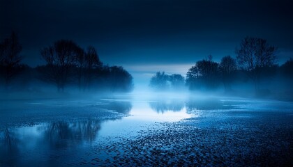dark misty reflective surface lit by a soft blue light