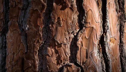close up of rough pine tree bark with deep vertical grooves and dramatic lighting
