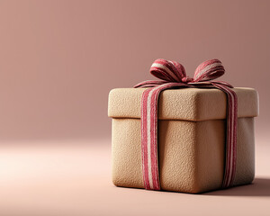 Beige gift box with red ribbon on soft pink background