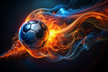 Fototapeta premium Dynamic Flaming Soccer Ball In Motion Across A Dark, Energetic Background
