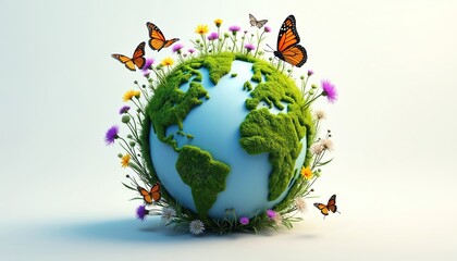 Green earth globe with moss, flowers. Butterflies fly around planet with grass. Eco friendly concept with nature, wildlife. Earth day symbol with floral, animal elements. Global ecology,