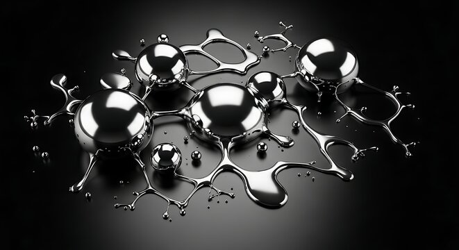 Abstract metallic liquid splash with reflective surface in black and white - Powered by Adobe