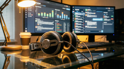 A sleek workspace featuring headphones and dual monitors, ideal for data analysis and communication.