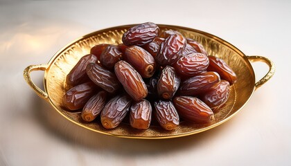 dried dates arranged in a gold colored decorative dish