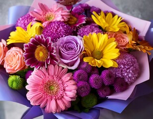 vibrant bouquet of pink purple and yellow flowers