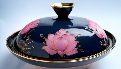 close up of a dark blue lidded dish with a pink lotus flower design and gold trim
