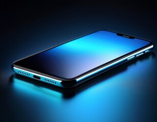 photo of modern smartphone lying on a dark surface with dramatic blue and cyan lighting highlighting its sleek design and reflective screen