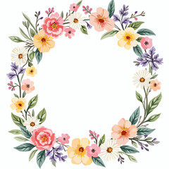 A beautiful watercolor floral wreath illustration featuring a variety of blooming flowers and greenery in pastel colors, perfect for invitations and decorations
