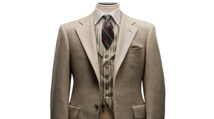 PNG of Elegant tan suit with a striped shirt and classic tie, showcasing timeless style and sophistication.