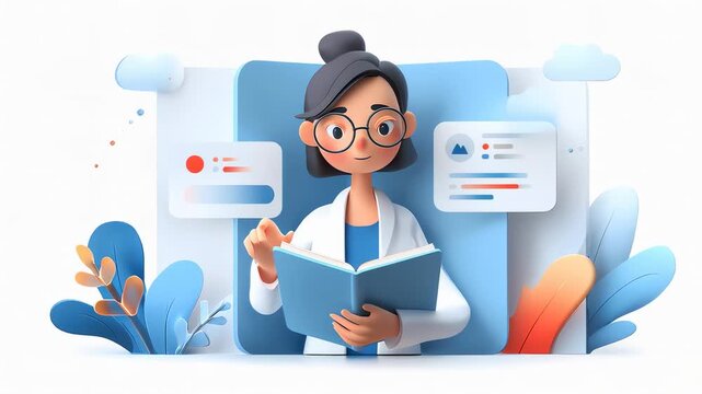 A digital illustration of a young woman reading a book, wearing glasses and a lab coat, surrounded by nature and tech elements.