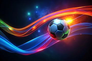 Naklejka premium Dynamic Neon Soccer Ball With Colorful Light Trails In A Futuristic Sports Scene