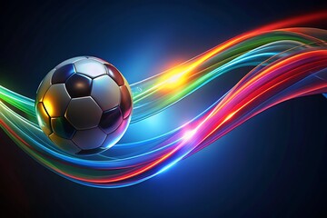 Naklejka premium Dynamic Neon Soccer Ball With Colorful Light Trails In A Futuristic Sports Scene
