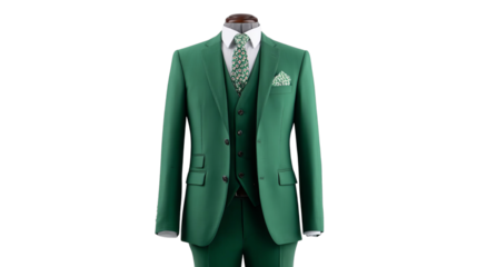 PNG of Stylish green three-piece suit displayed elegantly with a patterned tie and matching pocket square.