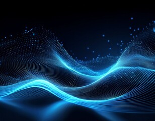 abstract digital waves of glowing light blue particles on a black background
