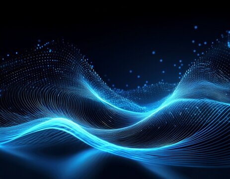 abstract digital waves of glowing light blue particles on a black background - Powered by Adobe