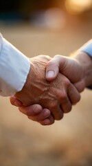 Two adult Caucasian people shake hands outdoors, symbolizing business agreement and trust.