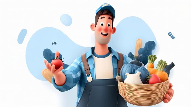 A cheerful farmer character holds a basket of fresh vegetables while smiling against a light blue background.