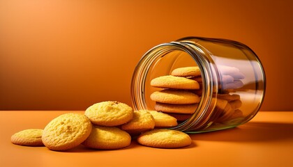 a glass jar filled with golden cookies lying on its side against a warm vibrant background