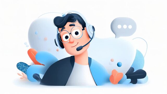 A smiling man in a headset representing customer support, surrounded by colorful elements.