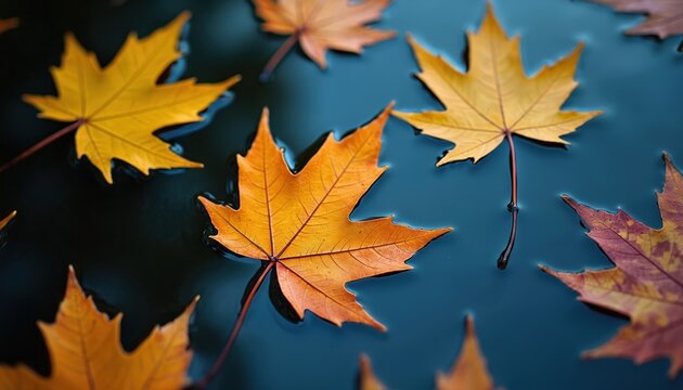 Fallen maple leaves float on water surface. Bright yellow and orange colors of autumn leaves against dark blue water background. Nature concept photo of fall season with calm peaceful mood.