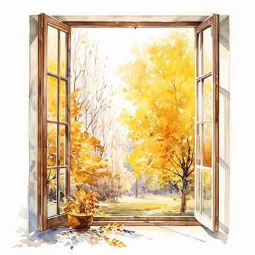 Vibrant autumn scene viewed through an open window in watercolor style illustration