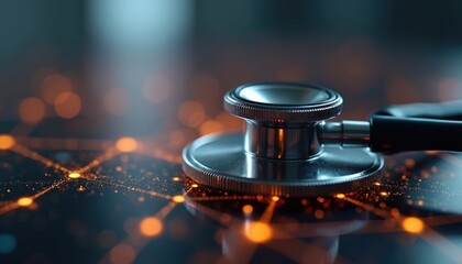 Stethoscope rests on digital network graphic. Healthcare meets tech with glowing data points and lines. Modern medicine, science, and advanced research.