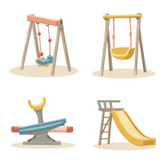 Vibrant cartoon collection of classic playground equipment for children, featuring various swings, a fun seesaw, and an inviting slide, perfect for outdoor play areas