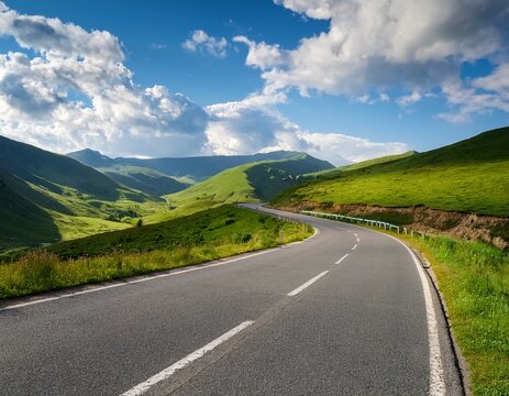 photo of scenic asphalt road winding through lush green hills and mountains under a cloudy blue sky representing travel and adventure - Powered by Adobe