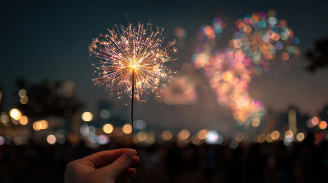 mano sosteniendo bengala encendida sobre fondo nocturno de ciudad iluminada y fuegos artificiales de colores. Concepto celebraciones festivas