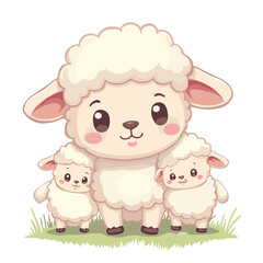 Charming illustration of a mother sheep with two adorable lambs standing in lush green grass, perfect for children's books and nature-themed designs