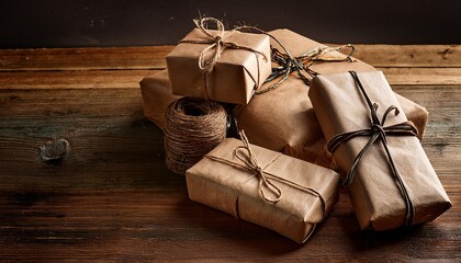wrapped gifts on rustic wood