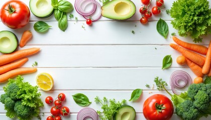 Fresh raw vegetables arranged on white wood. Includes tomatoes, carrots, avocado, broccoli, lettuce, basil, onion, lemon. Perfect for healthy eating content.