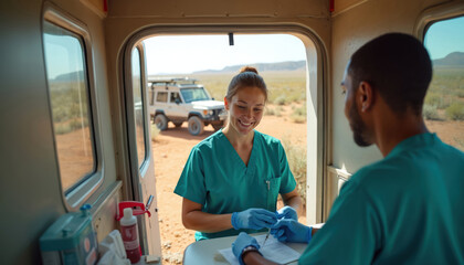 Two medical pros in teal scrubs work inside a van, outdoors. A rugged vehicle waits in dry landscape, suggesting care delivery to remote rural communities. Mobile health aid is in action.