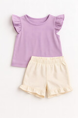 Child's Summer Clothing Set with Lavender Top and Beige Shorts on White