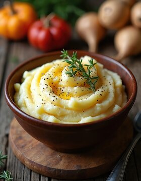 Close up of clapshot in bowl. Scottish dish with mashed potatoes and turnips, topped herbs. Rustic table setting. Autumn seasonal food. Comfort meal on wood background.