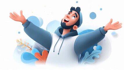 A joyful character in a hoodie, with arms raised, surrounded by colorful abstract shapes and leaves. - Powered by Adobe