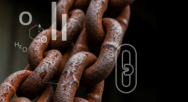 Close up macro photograph of a rusty chain with superimposed scientific chemical formulas and an abstract link symbol - Powered by Adobe