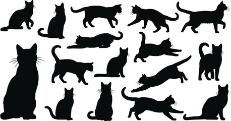 Large Set of Detailed Black Silhouette Vector Illustrations of Cats in Various Poses, Including Sitting