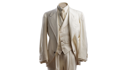 PNG of Elegant white three-piece suit displayed on a mannequin, showcasing classic tailoring and refined style.