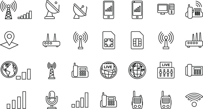 Large Set of Outline Vector Icons Representing Communication, Connectivity, Technology, and Wireless Concepts, Including Wi-Fi