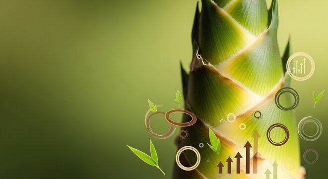 Bamboo shoot representing eco-friendly business growth and financial success with infographic elements on a green background