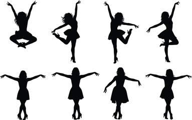 Set of Eight Black Silhouette Vector Illustrations of Young Women Dancing in Various Dynamic Poses and Short Skirts, Concept of Dance, Performance, Energy, and Fitness, Isolated on White Background.