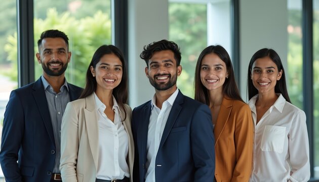 Five Indian professionals smile for a group photo in a modern office. Teamwork and collaboration evident in their confident attire and relaxed poses. They represent a diverse workforce.