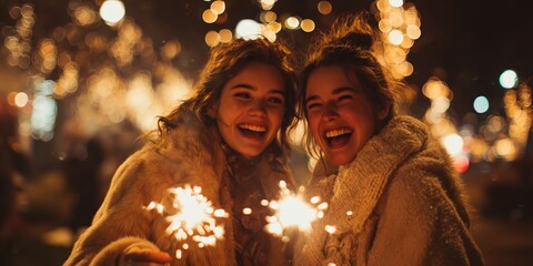 Young women smiling and holding sparklers at night, festive lights all around. Celebration, friendship and joy captured in winter glow.