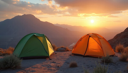 Two camping tents are set up on a desert mountaintop during sunset. One tent is green, the other is orange. Mountains and sky are visible in background.
