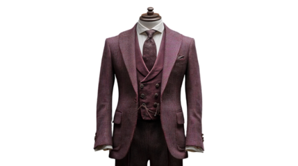 PNG of Elegant men's formal attire featuring a rich burgundy suit with a tailored vest and silk tie.