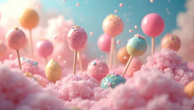 Dreamy candy land scene with colorful lollipop treats and pink cotton candy. Sweet dessert fantasy world with sugar candies. Joyful fun food photo with a whimsical style suitable for kids.