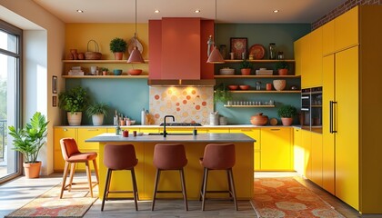 Vibrant yellow kitchen with aqua blue walls, coral accents. Modern island with bar stools, colorful patterned backsplash. This design blends retro, contemporary styles for lively cooking space.