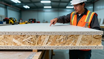Construction professional inspecting fireresistant gypsum board on site emphasizing its specialized fibers and protective coating in a controlled environment
